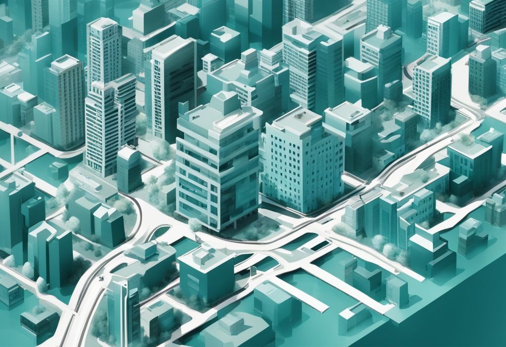 Modern photorealistic illustration of interconnected city buildings symbolizing a Metropolitan Statistical Area (MSA), with labels and arrows explaining real estate implications, highlighting what does MSA stand for in real estate, with a teal color theme.