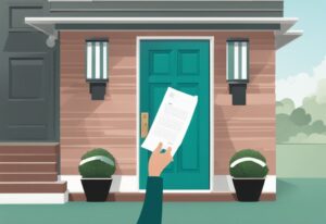 Hand delivering a document titled "Constructive Notice" on a teal-themed residential front door, illustrating what is constructive notice in real estate.