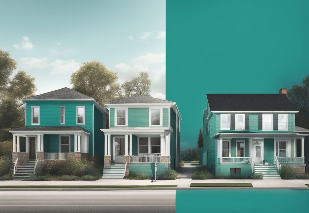 Modern photorealistic illustration of two side-by-side houses in teal; one under renovation for conversion, the other bustling with diverse groups symbolizing real estate commingling.