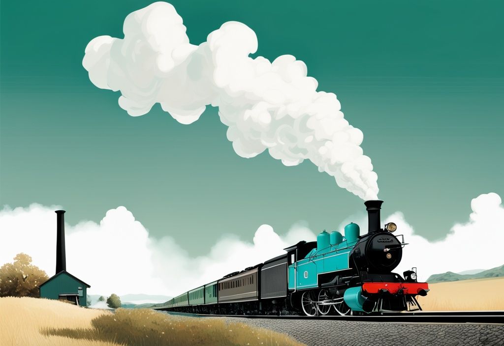 Teal-themed photorealistic illustration of a steam locomotive puffing through scenic countryside with white smoke billowing, ideal for real estate ambiance.