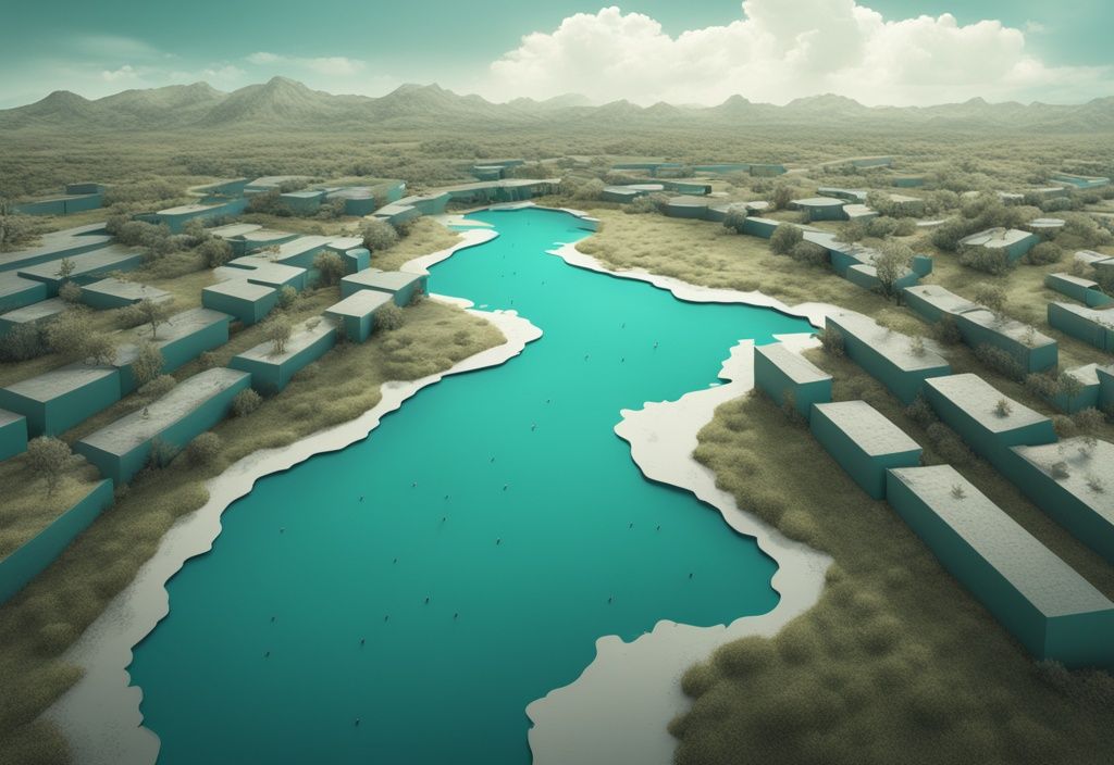 Modern photorealistic illustration of land expansion due to natural causes, highlighting real estate accretion with teal color theme and adjacent properties.