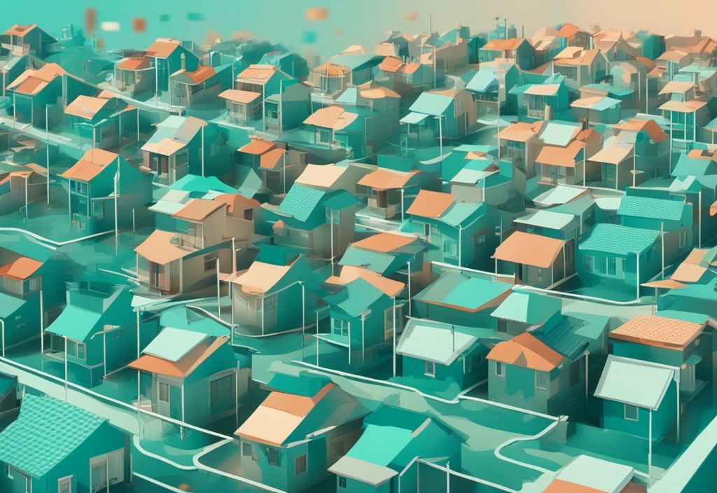 Modern photorealistic illustration of a diverse neighborhood with teal color theme, featuring a graph overlay depicting fluctuation in property values, illustrating what is a variance in real estate.