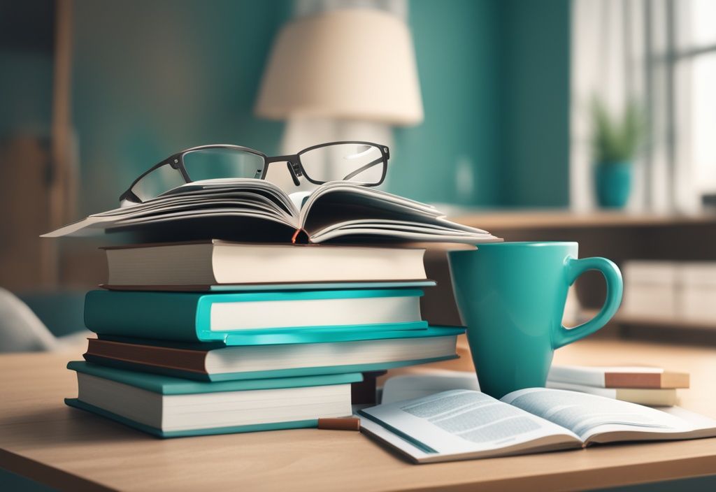 Photorealistic illustration of a stack of ten beginner real estate books on a desk with teal theme, accompanied by a coffee cup and glasses.