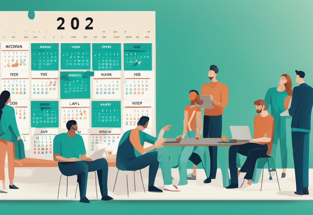 A diverse group of people discussing new real estate laws 2024 around a photorealistic teal-themed calendar.