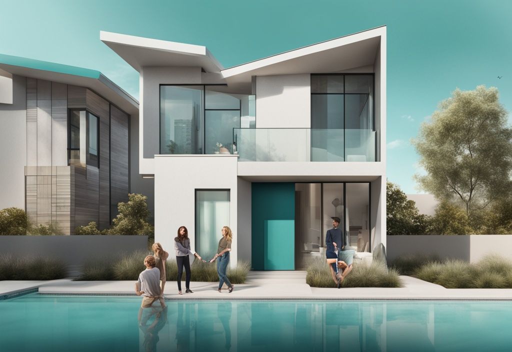 Modern photorealistic illustration explaining what is annexation in real estate, featuring a realtor showing a couple how one teal-themed property is extending into another with a marked border.