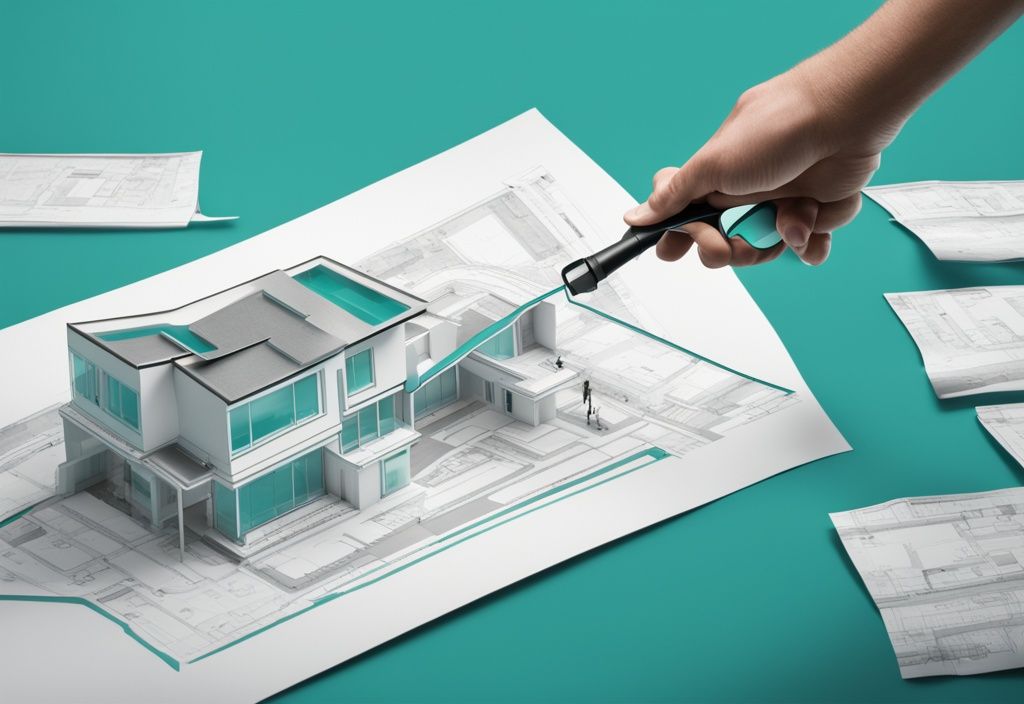 A modern photorealistic illustration of a real estate agent holding a blueprint, using a magnifying glass to highlight an area labeled 'RSF', illustrating the concept of 'what is RSF in real estate' with a teal color theme.