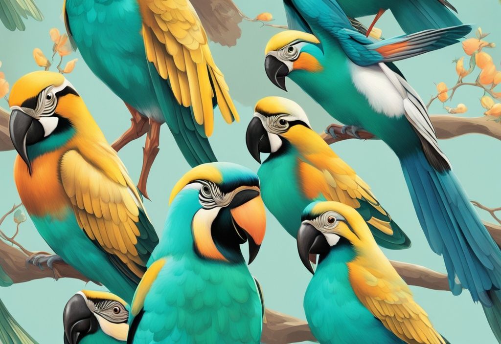 Photorealistic illustration of colorful birds puffing feathers on a vibrant teal-themed spring morning