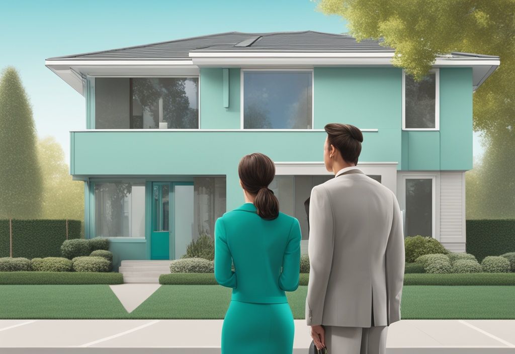 Photorealistic illustration of a real estate agent explaining CTG to a couple in front of a teal-themed property listing board.