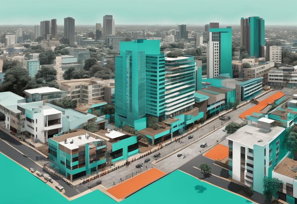 Modern photorealistic illustration of Nairobi skyline in teal, showcasing construction projects and business activities like real estate marketing, deal-making, and planning.