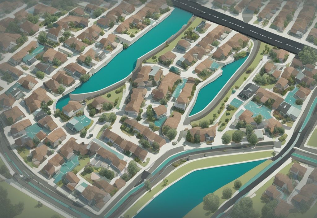 Modern photorealistic illustration of a teal-themed neighborhood map highlighting a real estate parcel, answering the question: what is a parcel in real estate.