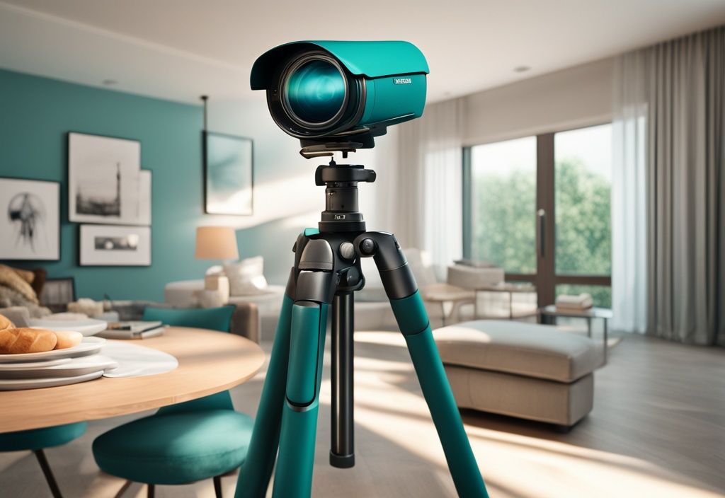 Modern photorealistic illustration of the best camera for real estate photography on a tripod, set to capture a vibrant, teal-themed interior.