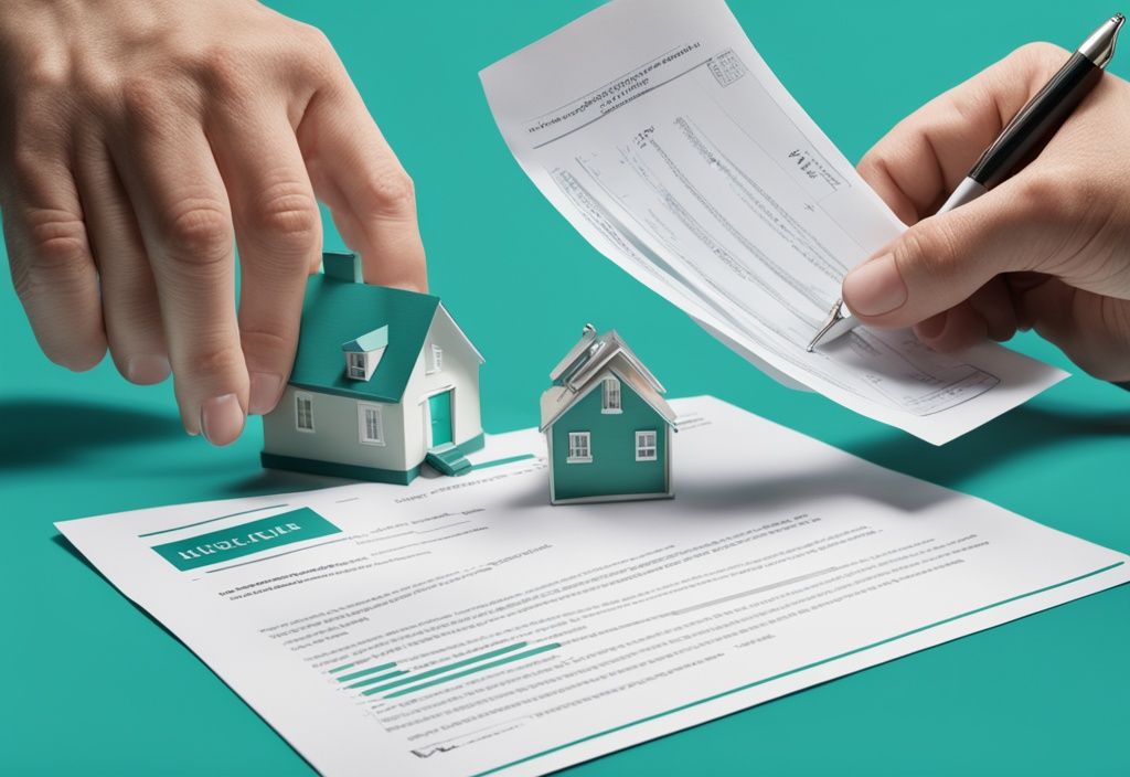 Photorealistic illustration of hands holding a property deed and mortgage document, symbolizing hypothecation, with a teal color theme.