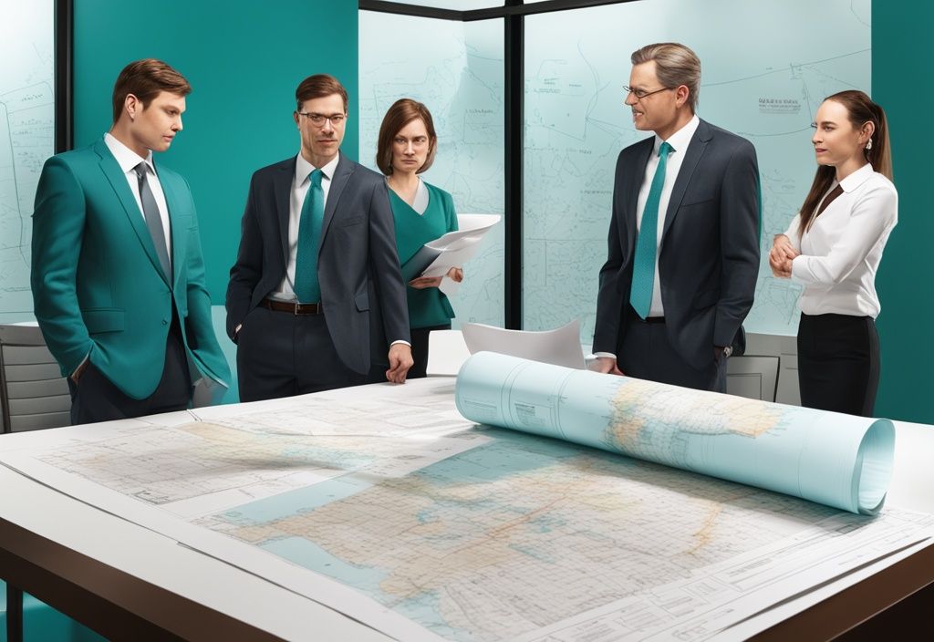 Modern photorealistic illustration of professional lawyers in teal theme, with Maine map backdrop, standing by legal documents and property blueprints.