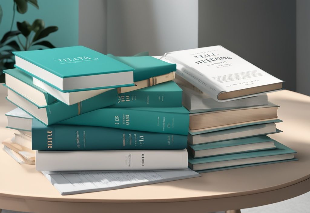 A photorealistic illustration featuring a stack of 10 real estate books for beginners with a teal color theme, neatly arranged on a table for easy reading.