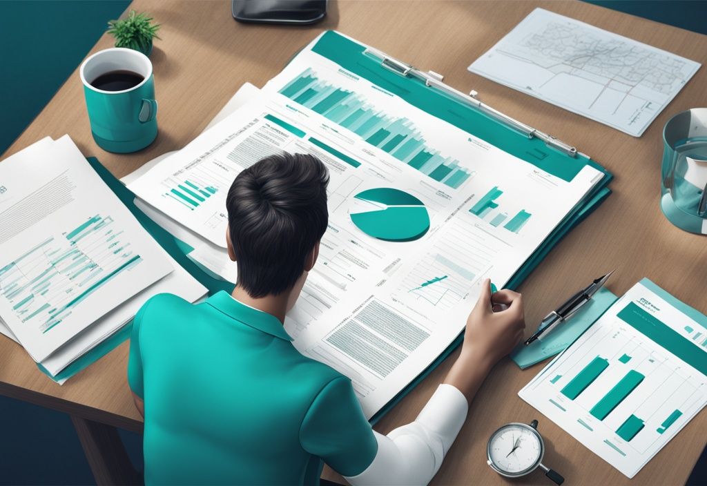 A photorealistic illustration of a person analyzing a T12 financial document, representing trailing 12 months of financial data, with real estate properties and graphs in the background; keyword: what is T12 in real estate.