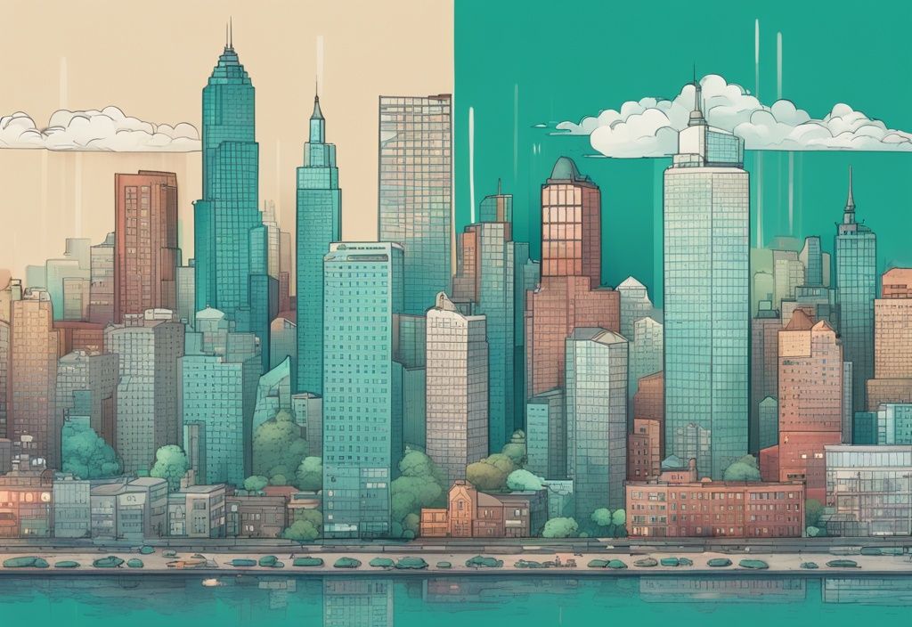 Photorealistic teal-themed city skyline illustration highlighting diverse property types with color-coded demographic groups.