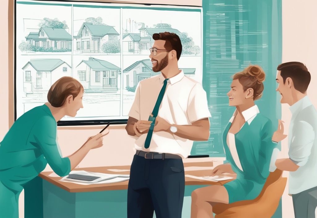 Photorealistic illustration of an agent explaining what does capping mean in real estate to a couple, featuring a teal-themed diagram and examples on a board.