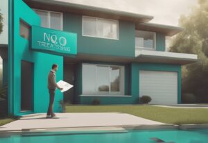 Modern photorealistic illustration of a person holding a property deed in front of a house with a 'No Trespassing' sign, depicting what is adverse possession in real estate, with a teal color theme.