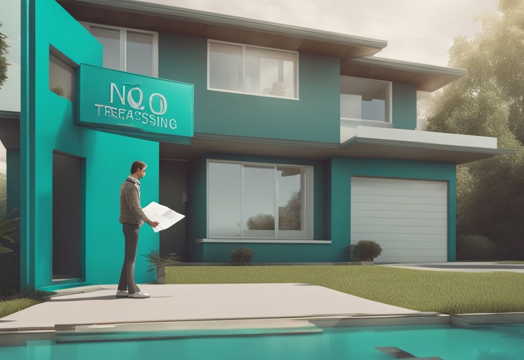 Modern photorealistic illustration of a person holding a property deed in front of a house with a 'No Trespassing' sign, depicting what is adverse possession in real estate, with a teal color theme.