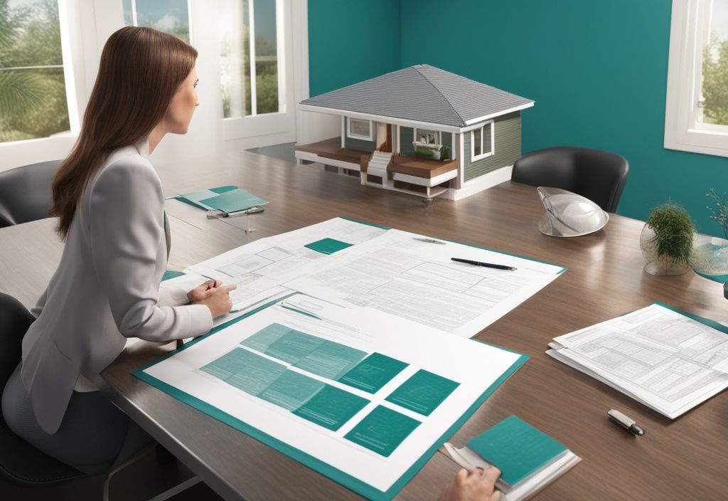 Real estate agent explaining lis pendens to concerned homeowner with legal documents and house model on table, teal color theme.