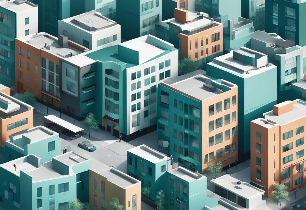 Modern photorealistic cityscape illustration featuring middle market real estate with teal-themed apartments, small office buildings, and retail shops.