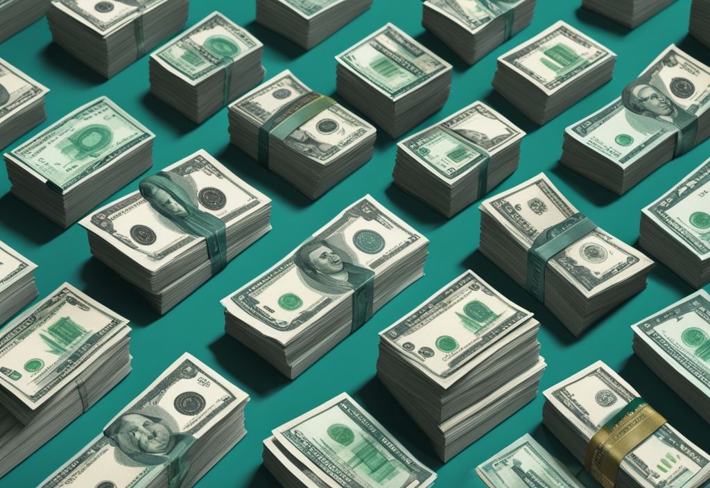 Modern photorealistic illustration of teal-themed financial abundance with six stacks of various currencies on a sleek desk.