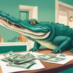 Illustration of an alligator evaluating real estate with cash flow and property value, referencing what is the Gator method in real estate, in a teal color theme.