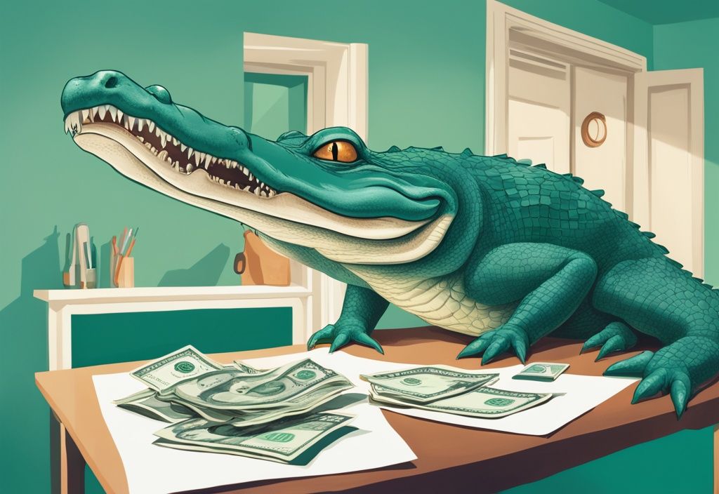 Illustration of an alligator evaluating real estate with cash flow and property value, referencing what is the Gator method in real estate, in a teal color theme.