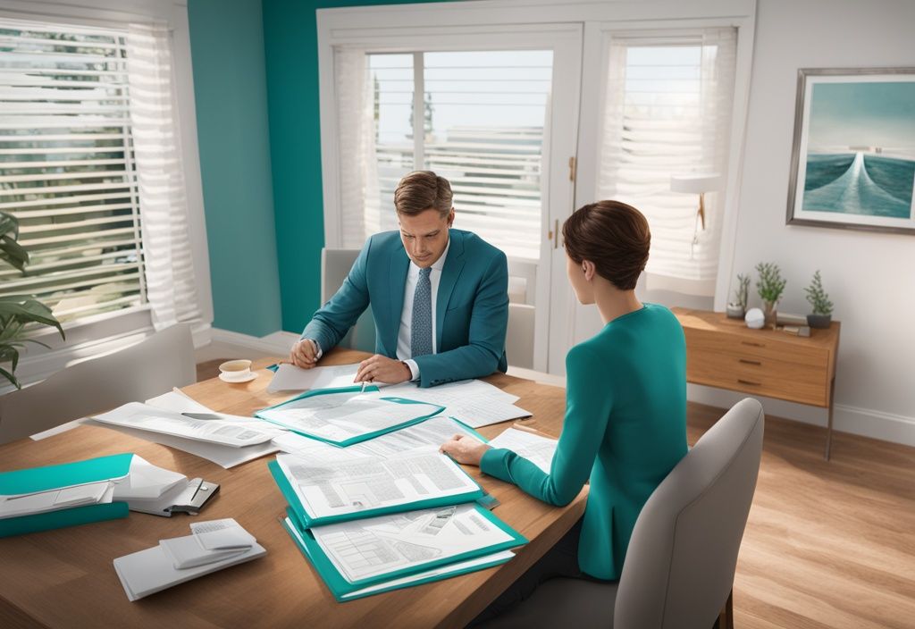 Modern photorealistic illustration of real estate agent explaining lis pendens to concerned homeowner, featuring teal theme, legal documents, and house model.