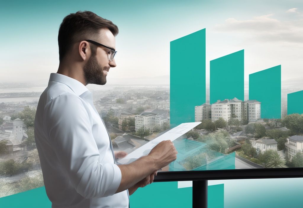 Photorealistic illustration of a realtor presenting a Residential Valuation Model (RVM) graph on a teal-themed screen, with buildings in the background.