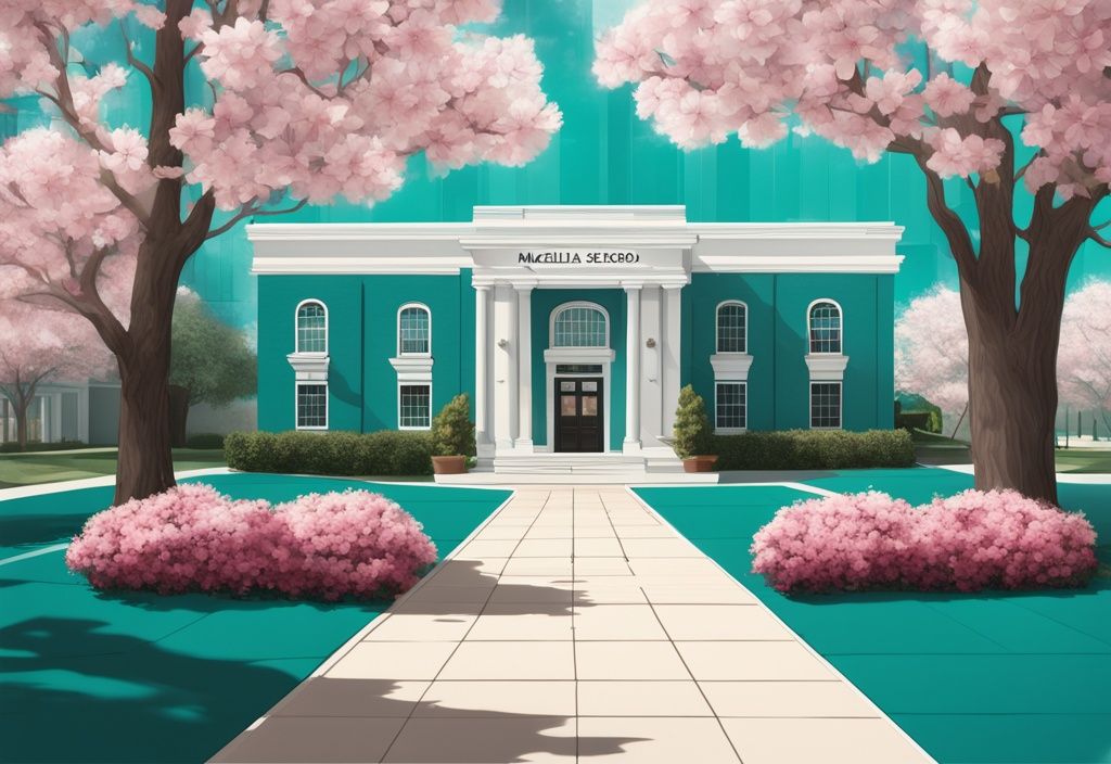 Modern photorealistic illustration of the Magnolia School of Real Estate building, surrounded by blooming magnolia trees, with a teal color theme.