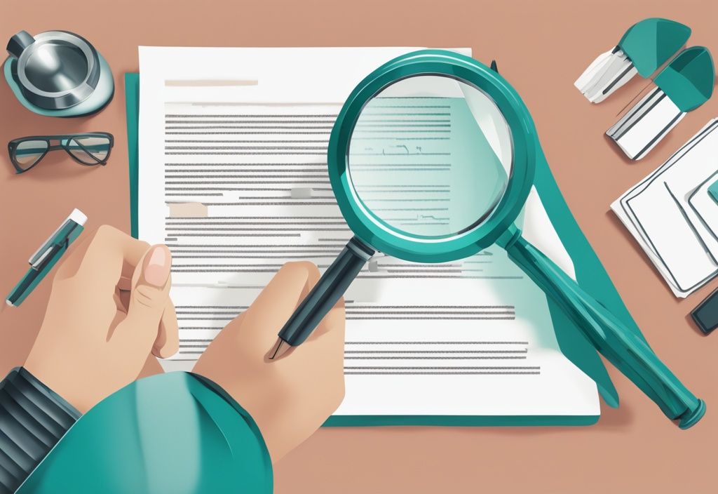 Photorealistic illustration of a hand signing a document with a magnifying glass highlighting the term "Escape clause" in teal color theme.