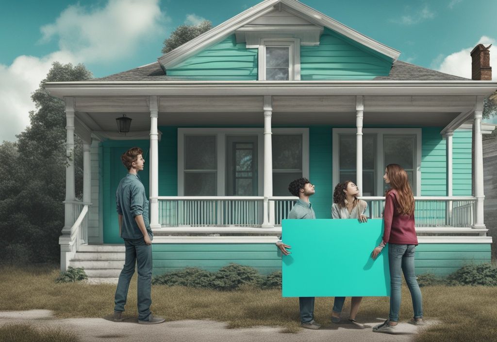 Photorealistic illustration of a dilapidated home with teal accents, featuring a puzzled young couple holding a TLC board, symbolizing real estate improvement needs.