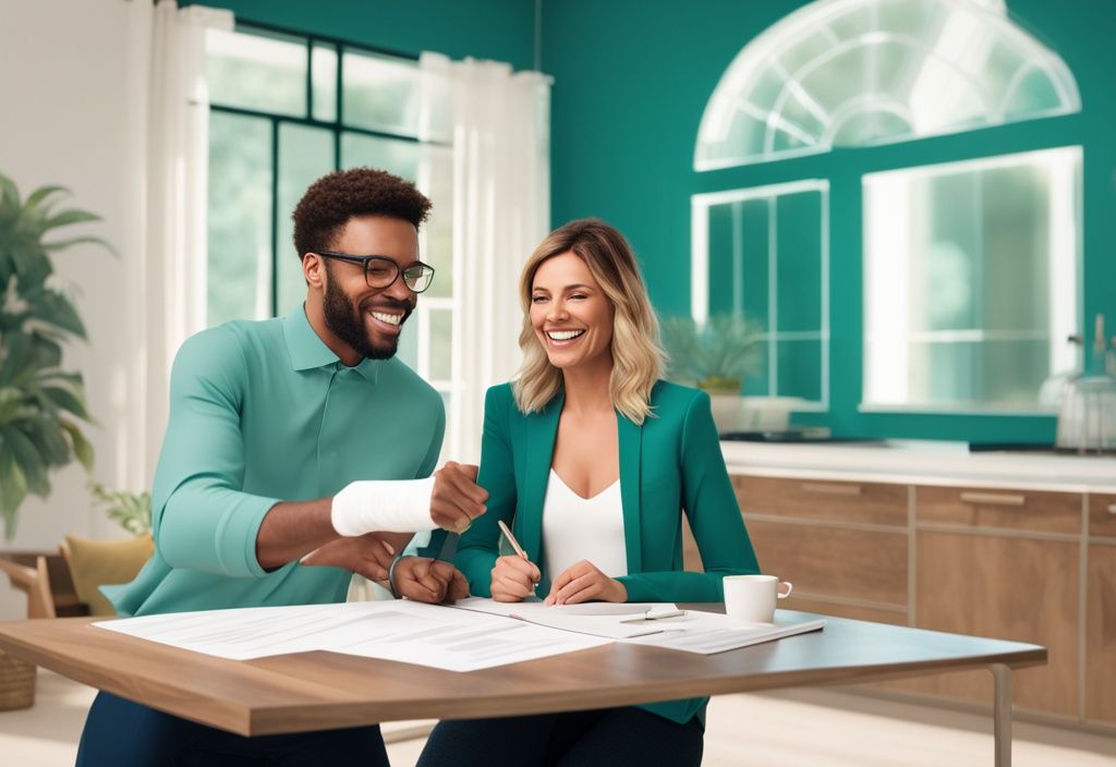 Real estate agent with teal theme pointing at ratified agreement document held by happy couple