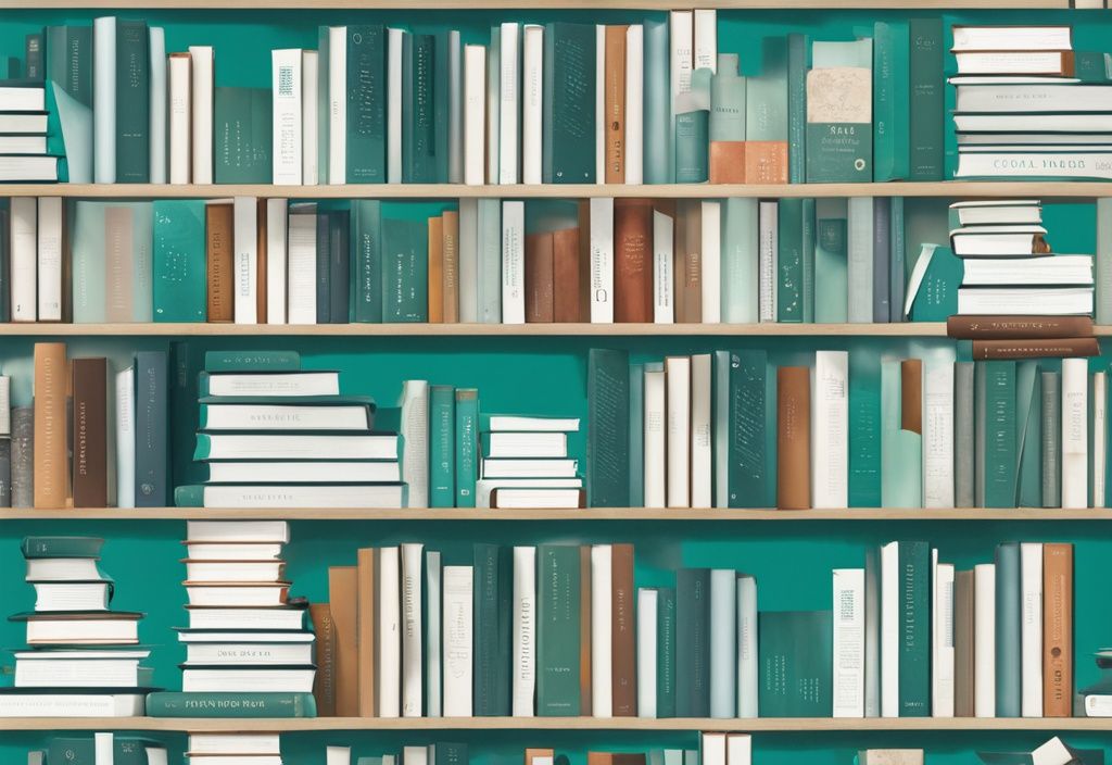 A photorealistic illustration of a stack of ten diverse real estate books with teal color theme.