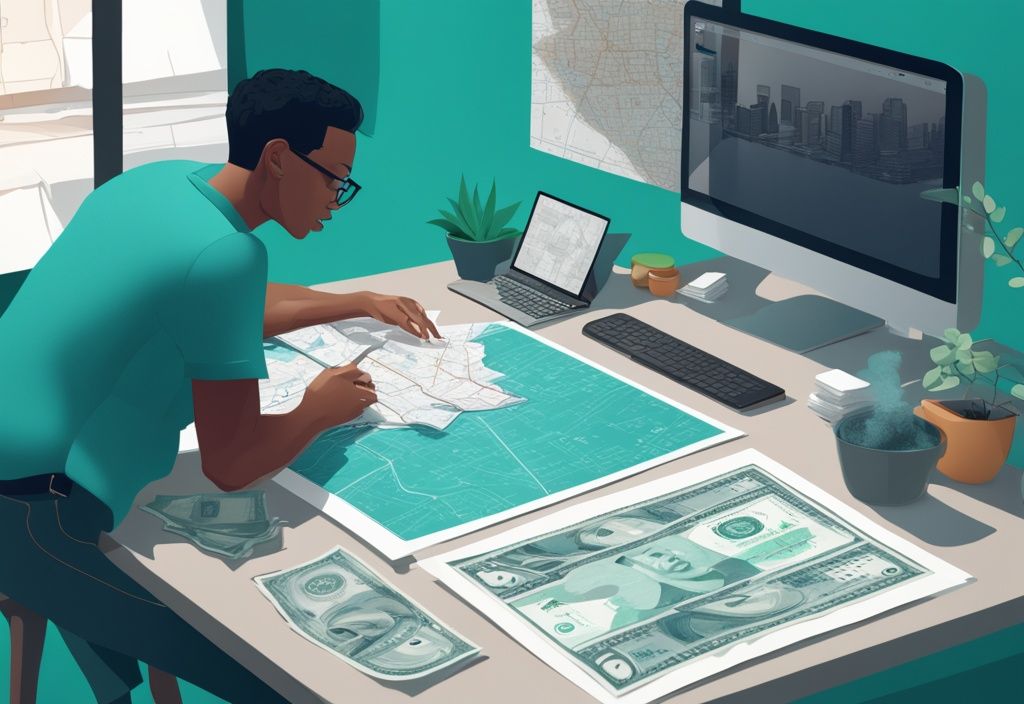 Photorealistic illustration of a person analyzing maps, dollar bills, and housing blueprints on a laptop, symbolizing real estate financial analysis, with a teal color theme.