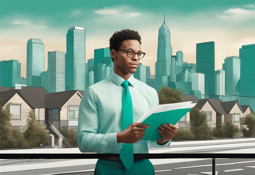 Modern photorealistic illustration of a confident real estate agent holding a 'BOV' document, set against an urban skyline with property images; keyword: what is a BOV in real estate.