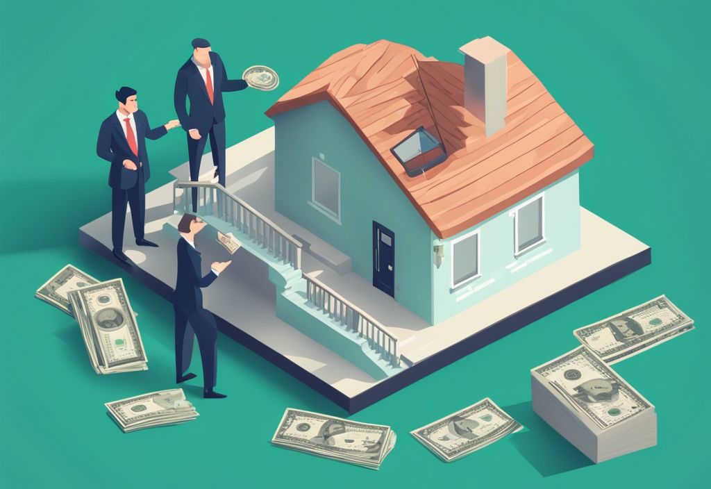 Realtor explaining EMV with pie chart, model house, and scattered dollar bills in teal-themed photorealistic illustration.