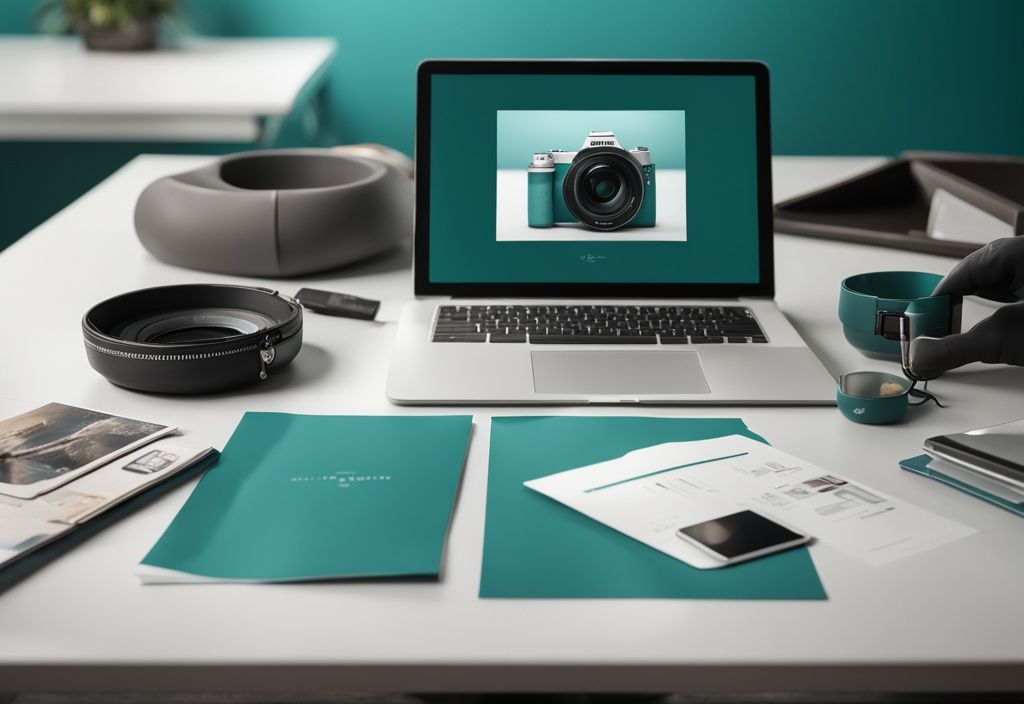 Modern teal-themed photorealistic illustration of a professional-grade camera on a sleek table, showcasing its capabilities with a real estate photo on the screen, ideal for real estate photography.