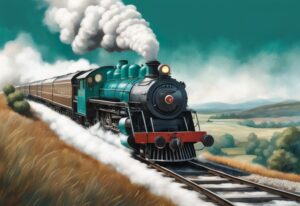 Modern photorealistic illustration of a teal-themed steam locomotive puffing in real estate, chugging through scenic countryside with large white smoke puffs.