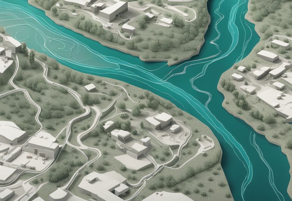 Modern photorealistic illustration of an avulsion in real estate, showcasing a teal-themed close-up diagram of a river changing course by cutting off a meander.