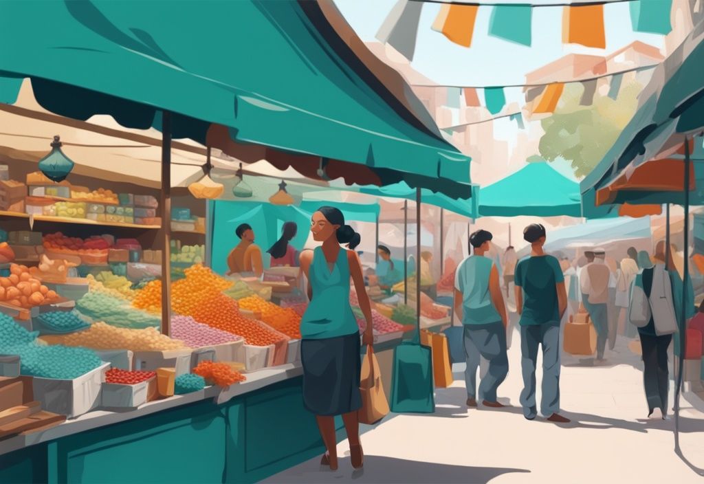 Modern photorealistic illustration of a vendor in real estate at a vibrant teal-themed marketplace, showcasing a colorful stall with diverse products and engaging with customers.