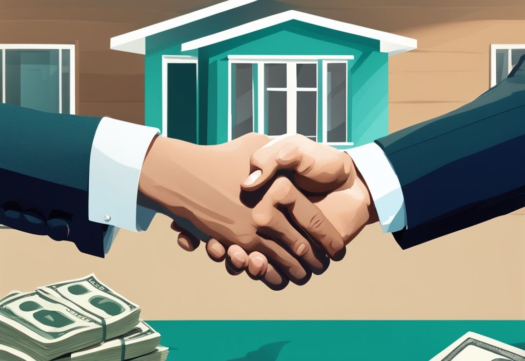 Modern photorealistic illustration of a teal-themed handshake between a real estate agent and client in front of a sold home, with cash and house keys on the table, symbolizing real estate leads pay at closing.