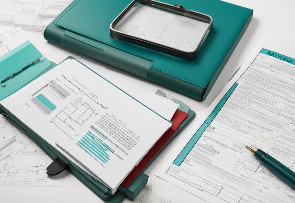 Modern photorealistic illustration of teal-themed real estate documents with highlighted sections and a notepad showing 'material fact' definition under a magnifying glass.