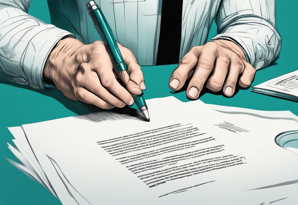 Photorealistic illustration of a hand signing a document, teal color theme, magnifying glass highlighting "Escape clause".