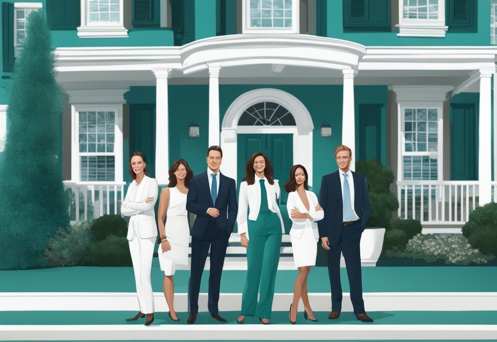 Top real estate agents in Greenwich CT standing confidently in front of elegant properties, modern photorealistic illustration with a teal color theme.