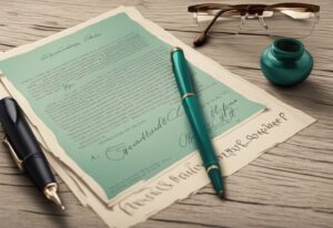 Modern photorealistic illustration of a vintage document with handwritten grandfather clause text in real estate, featuring an antique ink pen and reading glasses, with a teal color theme.