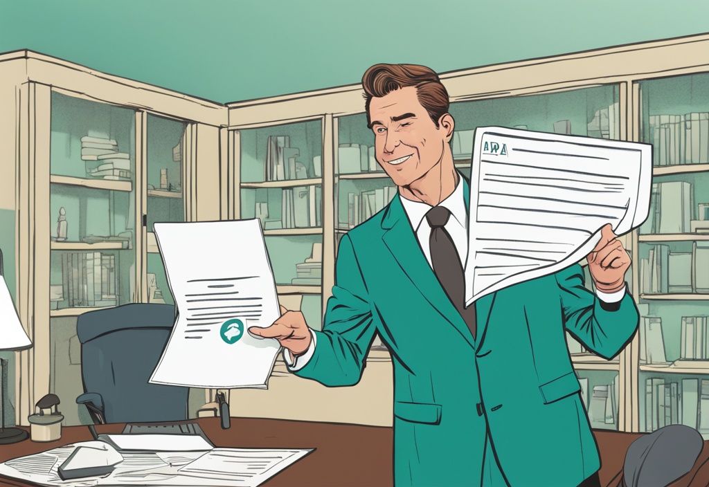 Real estate agent pointing at 'PA' abbreviation on document with definition in thought bubble, teal-themed illustration.