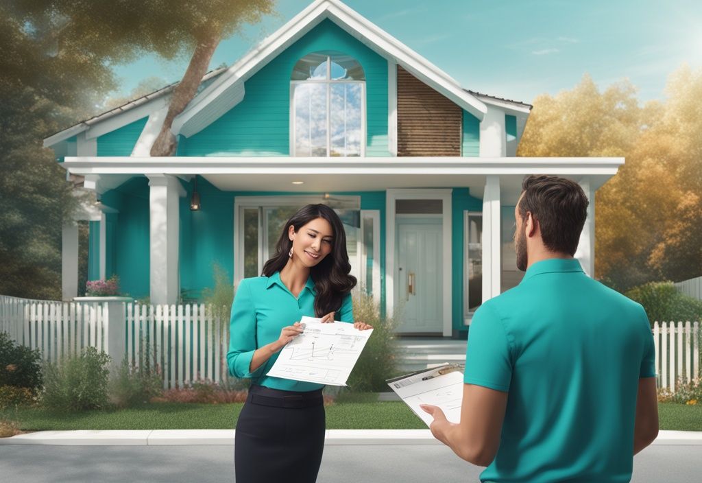 Photorealistic illustration of a real estate agent explaining BOM (Back on Market) to a couple with teal-themed house and 'for sale' sign props.