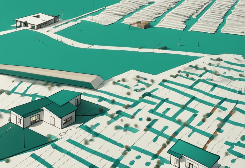 A modern photorealistic illustration depicting what is severance in real estate, featuring teal-themed land divided into plots with dotted lines and signed documents nearby.